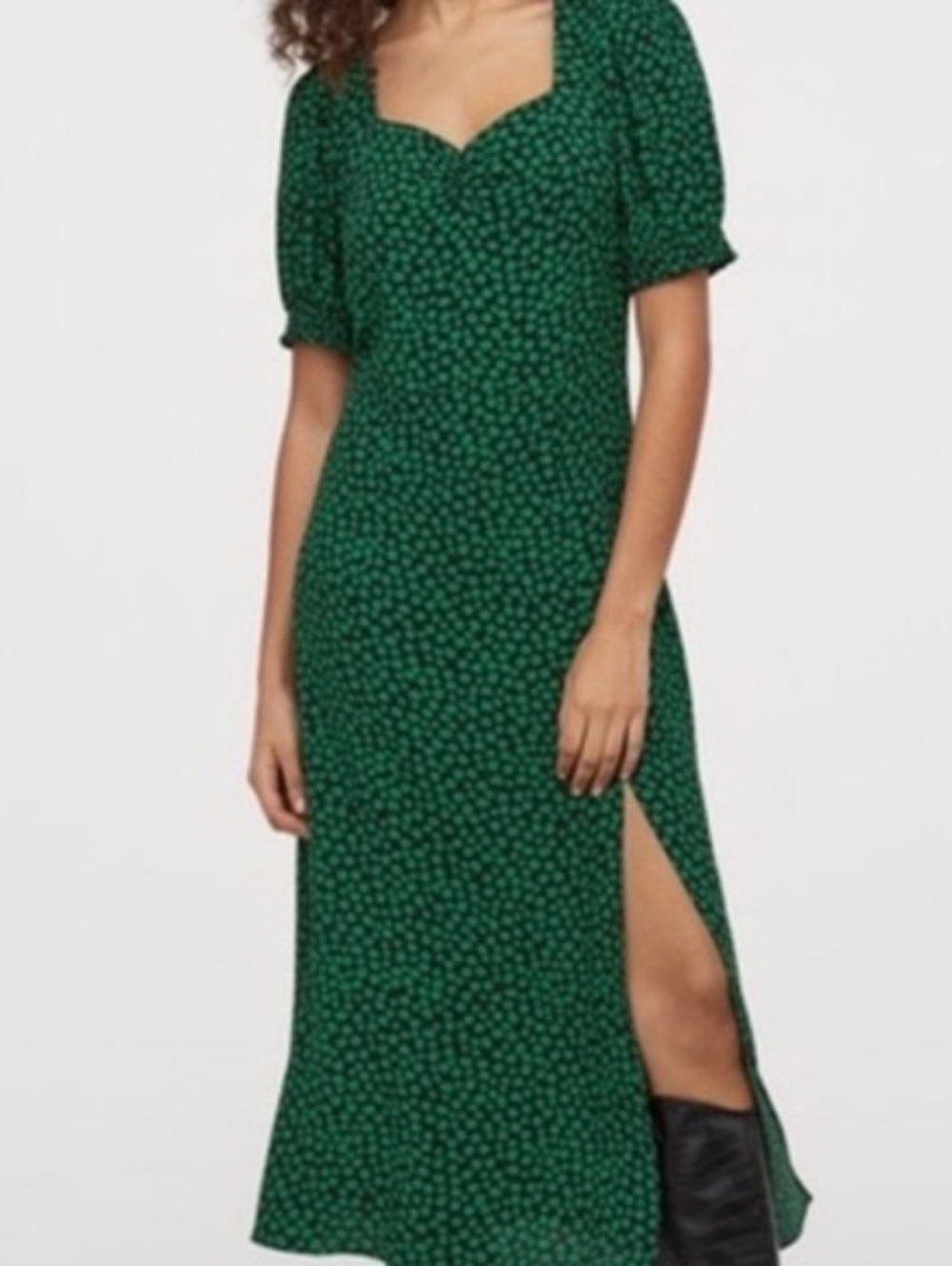 H&M Green Floral Puff Sleeve Midi Dress with Slit - Size XS
